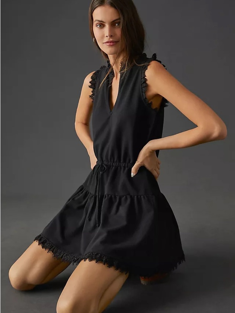 NWT Anthropologie Sundays Tara Black Lace-Trim Sleeveless Drawstring Mini Dress